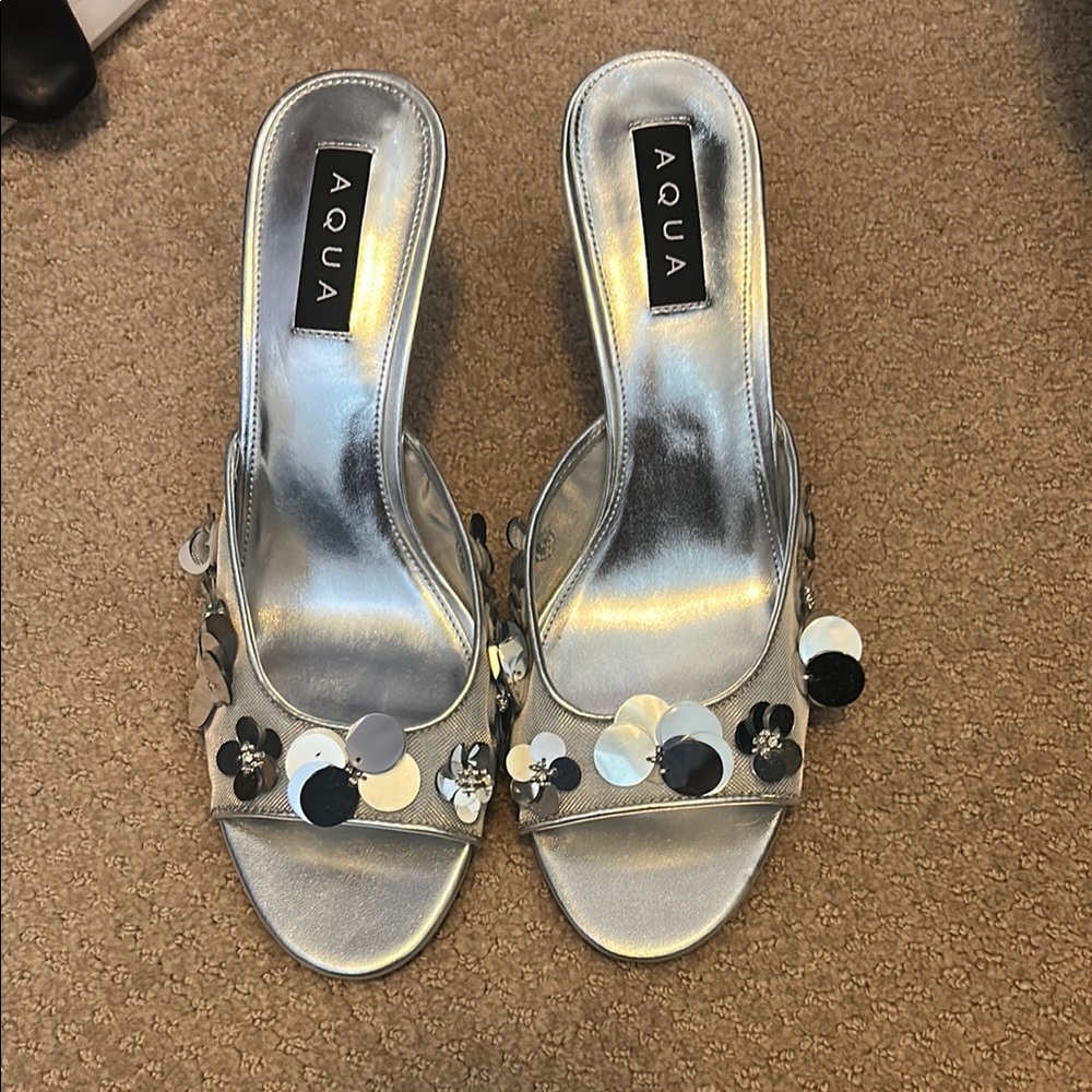 Aqua Silver Heeled Sandals with Polka Dot Embellishments